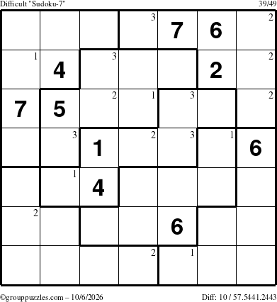 The grouppuzzles.com Difficult Sudoku-7 puzzle for Tuesday October 6, 2026 with the first 3 steps marked