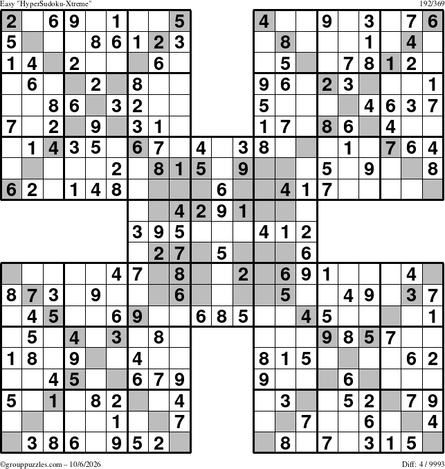 The grouppuzzles.com Easy HyperSudoku-Xtreme puzzle for Tuesday October 6, 2026