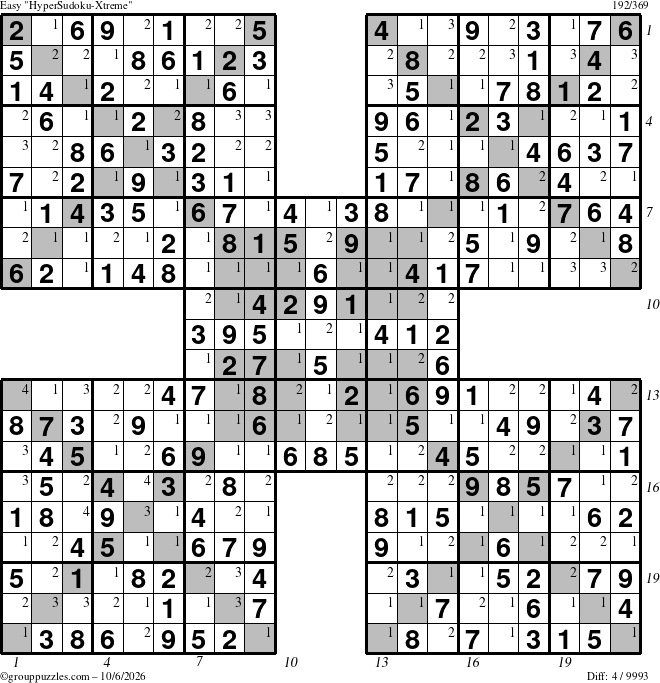 The grouppuzzles.com Easy HyperSudoku-Xtreme puzzle for Tuesday October 6, 2026, suitable for printing, with all 4 steps marked