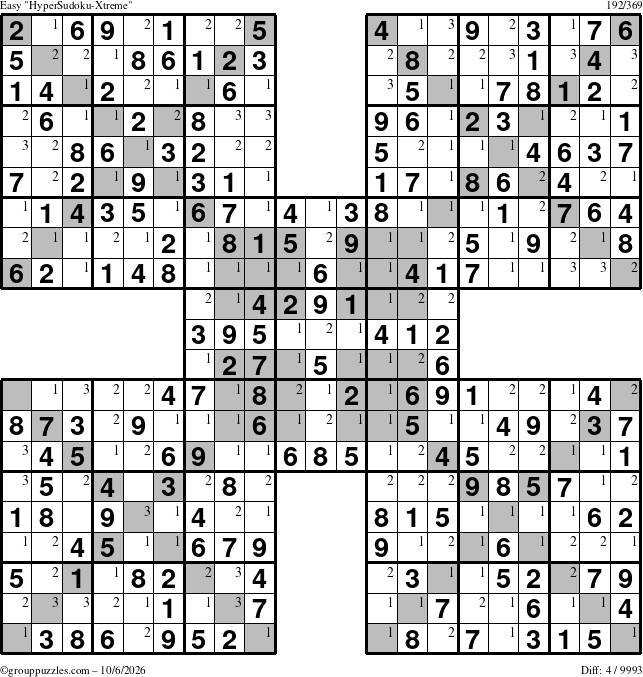 The grouppuzzles.com Easy HyperSudoku-Xtreme puzzle for Tuesday October 6, 2026 with the first 3 steps marked