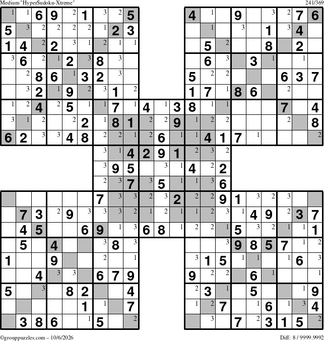 The grouppuzzles.com Medium HyperSudoku-Xtreme puzzle for Tuesday October 6, 2026 with the first 3 steps marked