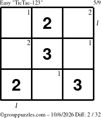 The grouppuzzles.com Easy TicTac-123 puzzle for Tuesday October 6, 2026 with all 2 steps marked