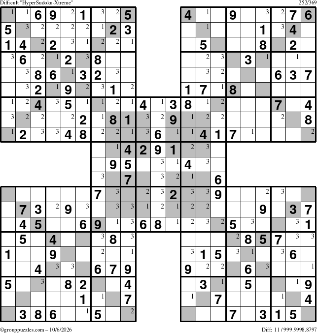 The grouppuzzles.com Difficult HyperSudoku-Xtreme puzzle for Tuesday October 6, 2026 with the first 3 steps marked