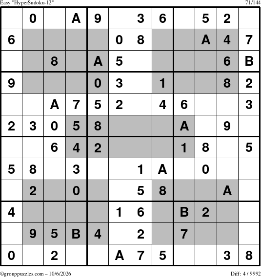 The grouppuzzles.com Easy HyperSudoku-12 puzzle for Tuesday October 6, 2026