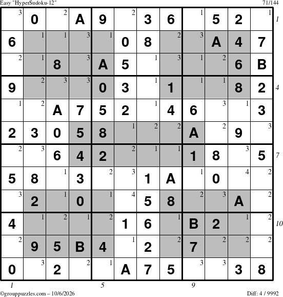 The grouppuzzles.com Easy HyperSudoku-12 puzzle for Tuesday October 6, 2026 with all 4 steps marked