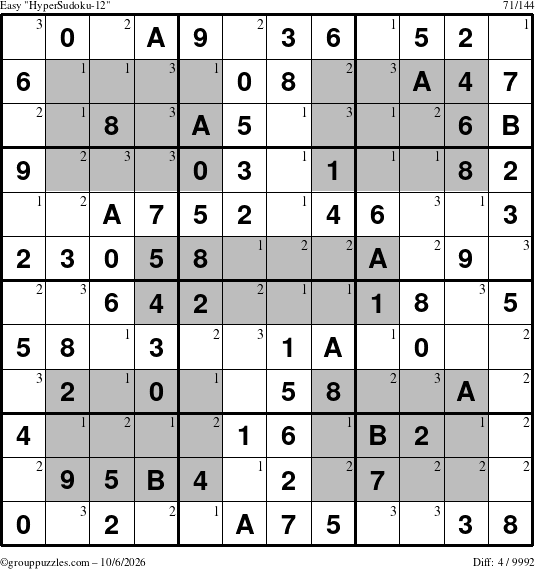 The grouppuzzles.com Easy HyperSudoku-12 puzzle for Tuesday October 6, 2026 with the first 3 steps marked