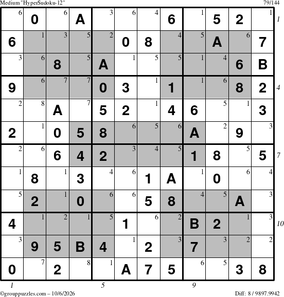 The grouppuzzles.com Medium HyperSudoku-12 puzzle for Tuesday October 6, 2026 with all 8 steps marked