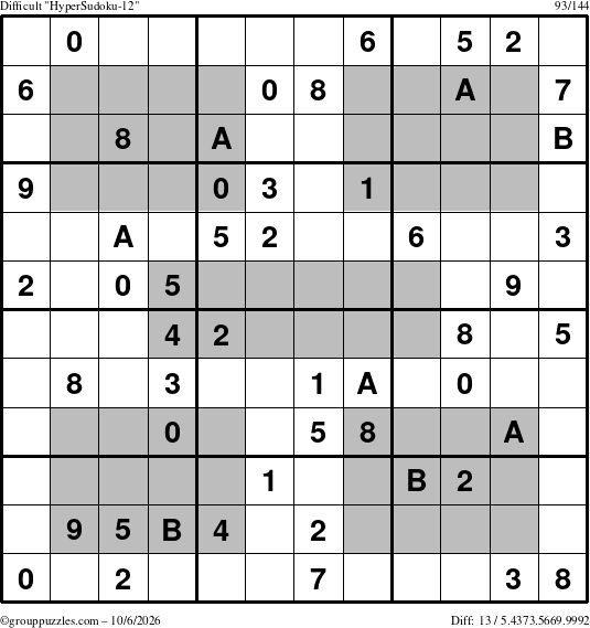 The grouppuzzles.com Difficult HyperSudoku-12 puzzle for Tuesday October 6, 2026
