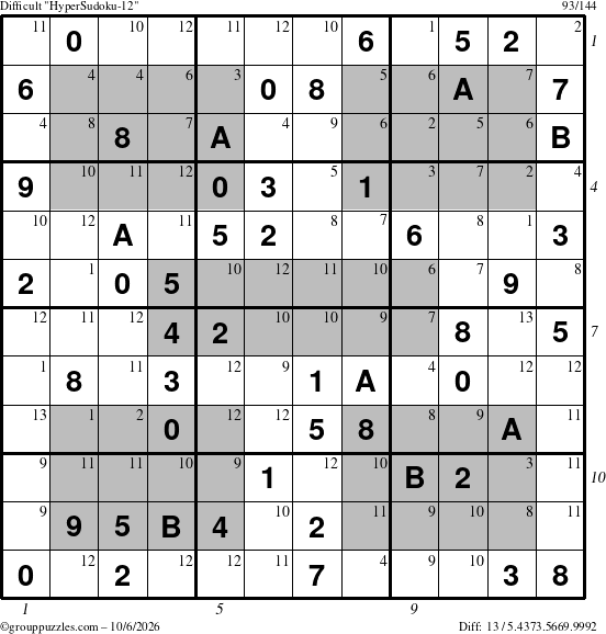 The grouppuzzles.com Difficult HyperSudoku-12 puzzle for Tuesday October 6, 2026 with all 13 steps marked