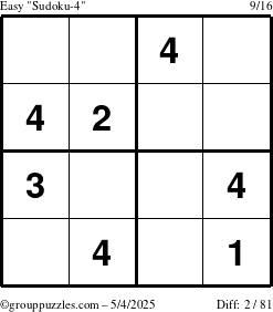 The grouppuzzles.com Easy Sudoku-4 puzzle for Sunday May 4, 2025