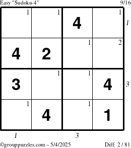 The grouppuzzles.com Easy Sudoku-4 puzzle for Sunday May 4, 2025 with all 2 steps marked