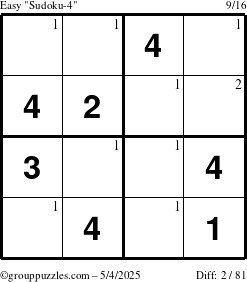 The grouppuzzles.com Easy Sudoku-4 puzzle for Sunday May 4, 2025 with the first 2 steps marked