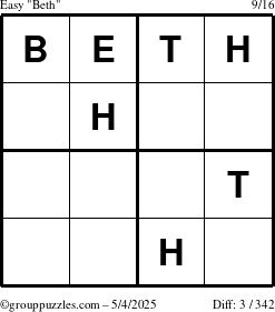The grouppuzzles.com Easy Beth puzzle for Sunday May 4, 2025