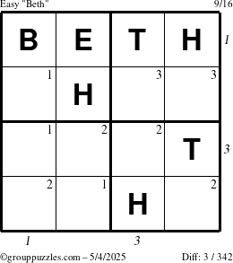 The grouppuzzles.com Easy Beth puzzle for Sunday May 4, 2025 with all 3 steps marked