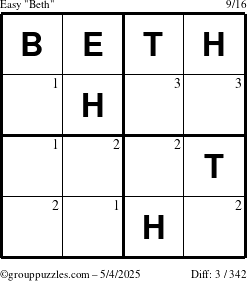 The grouppuzzles.com Easy Beth puzzle for Sunday May 4, 2025 with the first 3 steps marked