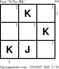 The grouppuzzles.com Easy TicTac-JKL puzzle for Sunday May 4, 2025 with all 2 steps marked