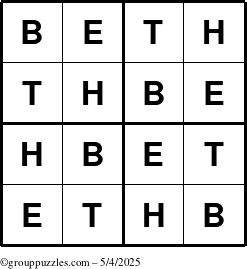 The grouppuzzles.com Answer grid for the Beth puzzle for Sunday May 4, 2025