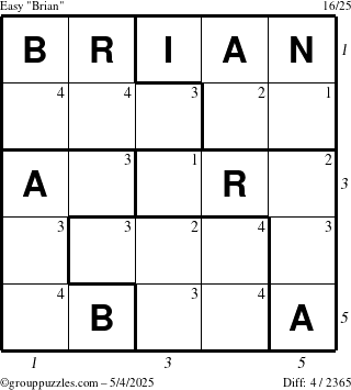 The grouppuzzles.com Easy Brian puzzle for Sunday May 4, 2025 with all 4 steps marked