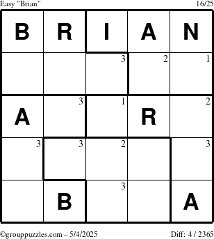 The grouppuzzles.com Easy Brian puzzle for Sunday May 4, 2025 with the first 3 steps marked
