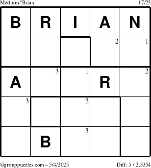 The grouppuzzles.com Medium Brian puzzle for Sunday May 4, 2025 with the first 3 steps marked