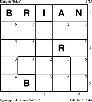 The grouppuzzles.com Difficult Brian puzzle for Sunday May 4, 2025 with all 6 steps marked