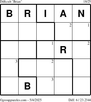 The grouppuzzles.com Difficult Brian puzzle for Sunday May 4, 2025 with the first 3 steps marked