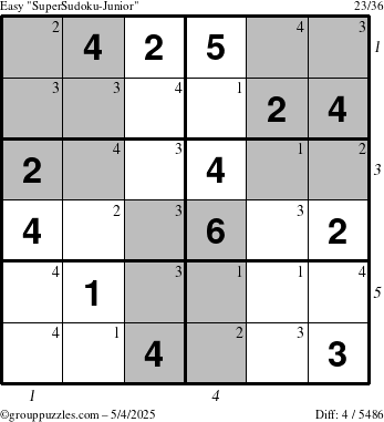 The grouppuzzles.com Easy SuperSudoku-Junior puzzle for Sunday May 4, 2025 with all 4 steps marked
