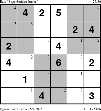 The grouppuzzles.com Easy SuperSudoku-Junior puzzle for Sunday May 4, 2025 with the first 3 steps marked