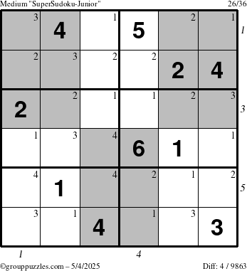 The grouppuzzles.com Medium SuperSudoku-Junior puzzle for Sunday May 4, 2025 with all 4 steps marked