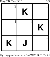 The grouppuzzles.com Easy TicTac-JKL puzzle for Sunday May 4, 2025 with the first 2 steps marked