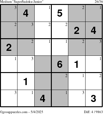 The grouppuzzles.com Medium SuperSudoku-Junior puzzle for Sunday May 4, 2025 with the first 3 steps marked