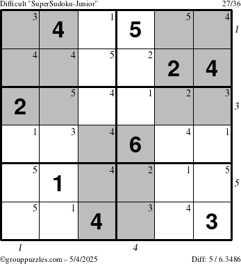 The grouppuzzles.com Difficult SuperSudoku-Junior puzzle for Sunday May 4, 2025 with all 5 steps marked