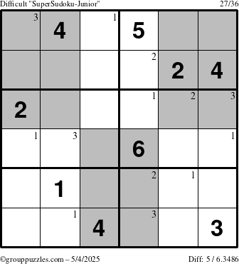 The grouppuzzles.com Difficult SuperSudoku-Junior puzzle for Sunday May 4, 2025 with the first 3 steps marked