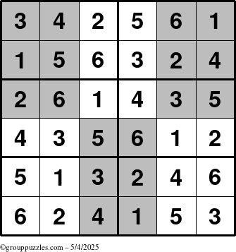 The grouppuzzles.com Answer grid for the SuperSudoku-Junior puzzle for Sunday May 4, 2025
