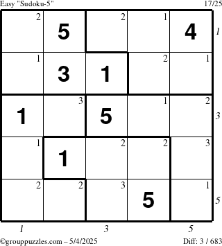 The grouppuzzles.com Easy Sudoku-5 puzzle for Sunday May 4, 2025 with all 3 steps marked