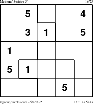 The grouppuzzles.com Medium Sudoku-5 puzzle for Sunday May 4, 2025