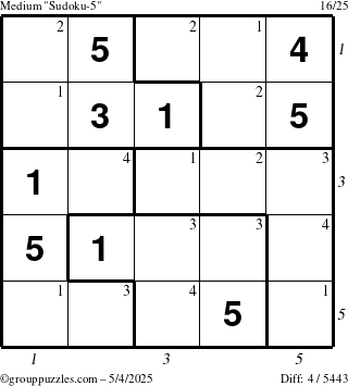The grouppuzzles.com Medium Sudoku-5 puzzle for Sunday May 4, 2025 with all 4 steps marked