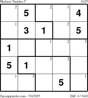 The grouppuzzles.com Medium Sudoku-5 puzzle for Sunday May 4, 2025 with the first 3 steps marked