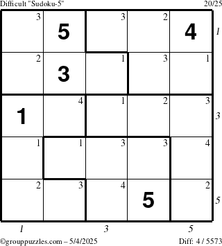 The grouppuzzles.com Difficult Sudoku-5 puzzle for Sunday May 4, 2025 with all 4 steps marked