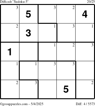 The grouppuzzles.com Difficult Sudoku-5 puzzle for Sunday May 4, 2025 with the first 3 steps marked