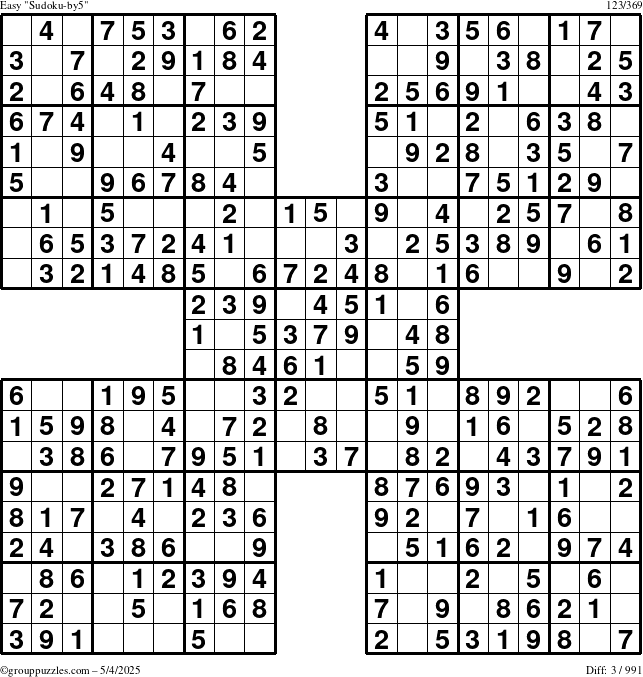 The grouppuzzles.com Easy Sudoku-by5 puzzle for Sunday May 4, 2025