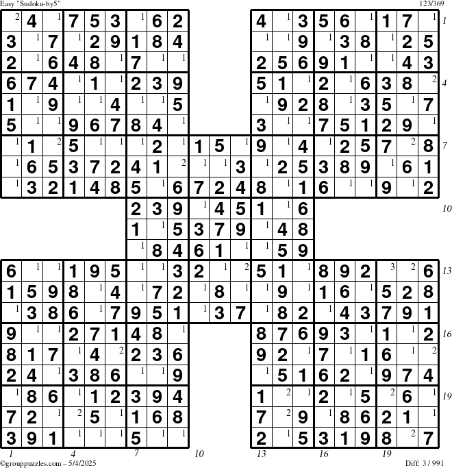 The grouppuzzles.com Easy Sudoku-by5 puzzle for Sunday May 4, 2025 with all 3 steps marked