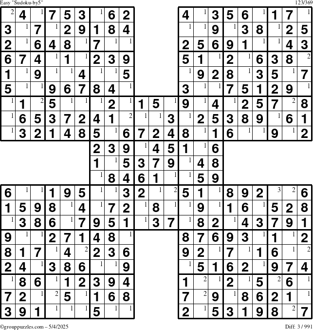 The grouppuzzles.com Easy Sudoku-by5 puzzle for Sunday May 4, 2025 with the first 3 steps marked