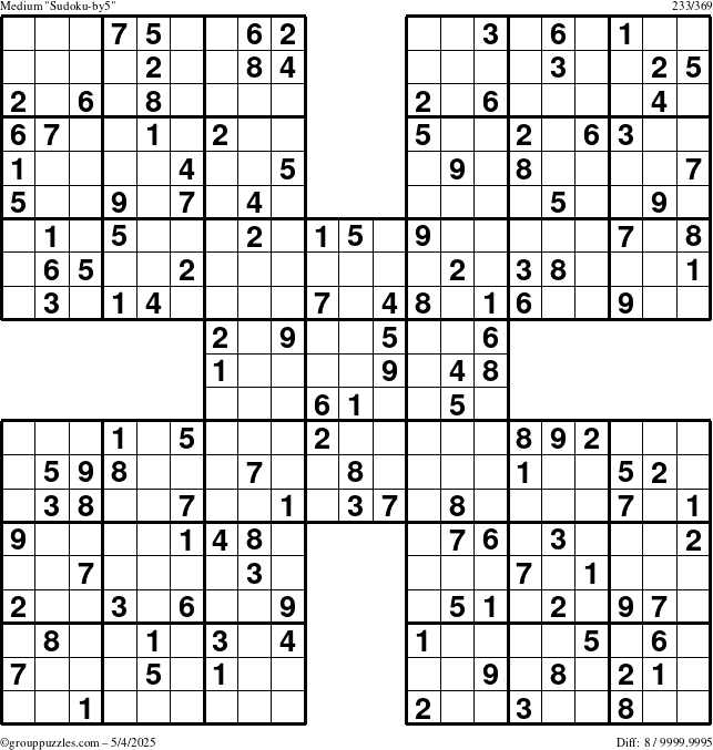 The grouppuzzles.com Medium Sudoku-by5 puzzle for Sunday May 4, 2025