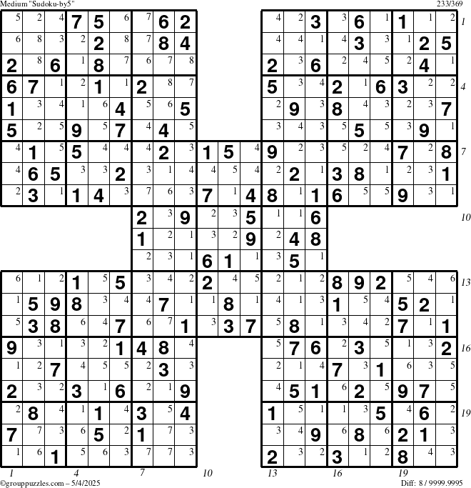 The grouppuzzles.com Medium Sudoku-by5 puzzle for Sunday May 4, 2025 with all 8 steps marked