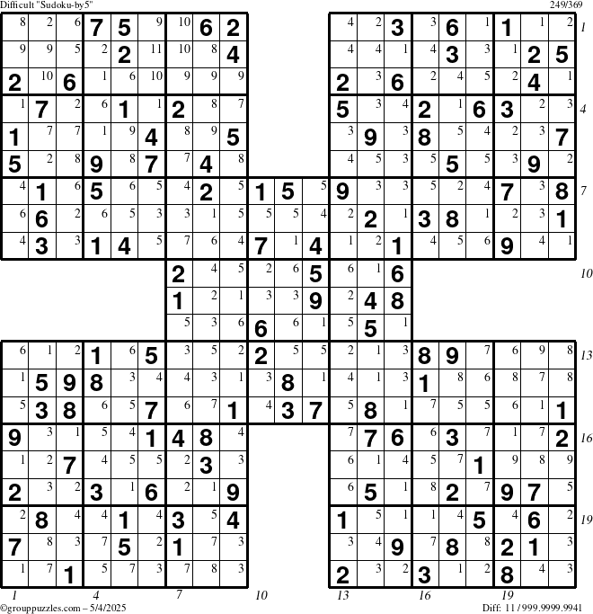 The grouppuzzles.com Difficult Sudoku-by5 puzzle for Sunday May 4, 2025 with all 11 steps marked