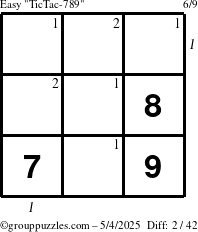 The grouppuzzles.com Easy TicTac-789 puzzle for Sunday May 4, 2025 with all 2 steps marked