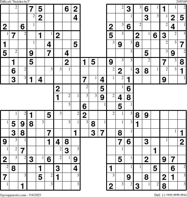 The grouppuzzles.com Difficult Sudoku-by5 puzzle for Sunday May 4, 2025 with the first 3 steps marked