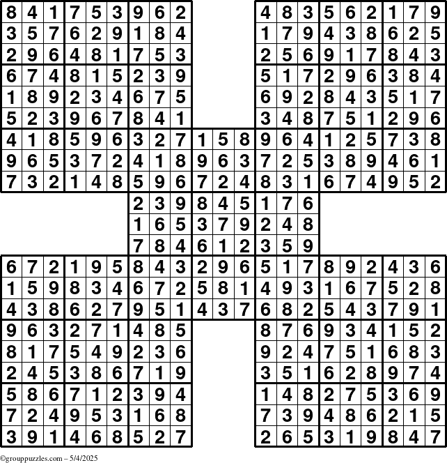The grouppuzzles.com Answer grid for the Sudoku-by5 puzzle for Sunday May 4, 2025