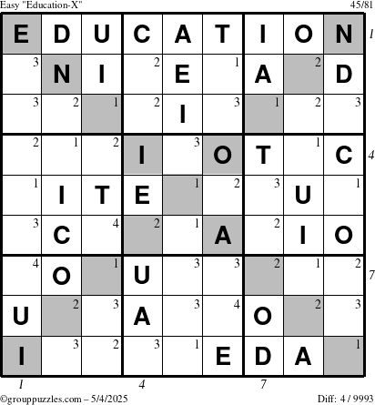 The grouppuzzles.com Easy Education-X puzzle for Sunday May 4, 2025 with all 4 steps marked